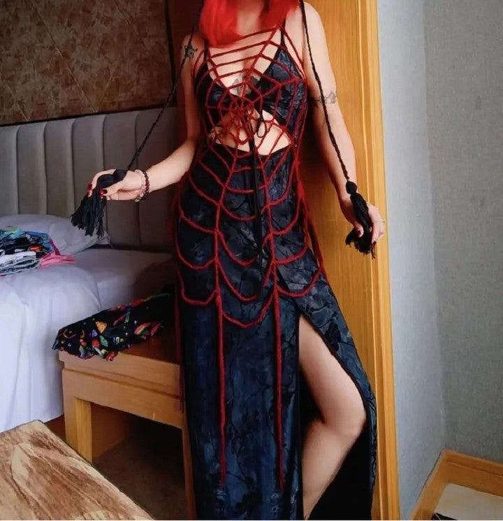 Débardeur gothique en toile d'araignée crocheté à la main pour femme, gilet long superposé à pompons, gilet rouge, costume d'Halloween