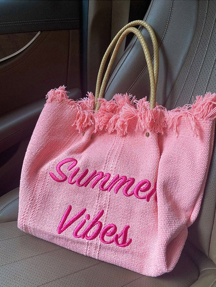 Sac à main d'été à pompon avec lettres brodées, sac décontracté sous les bras, mode simple, fourre-tout de voyage en toile, grande capacité