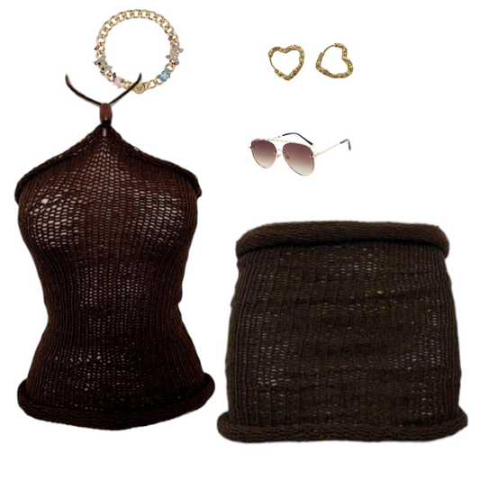 Knit mini sets with halter tops.