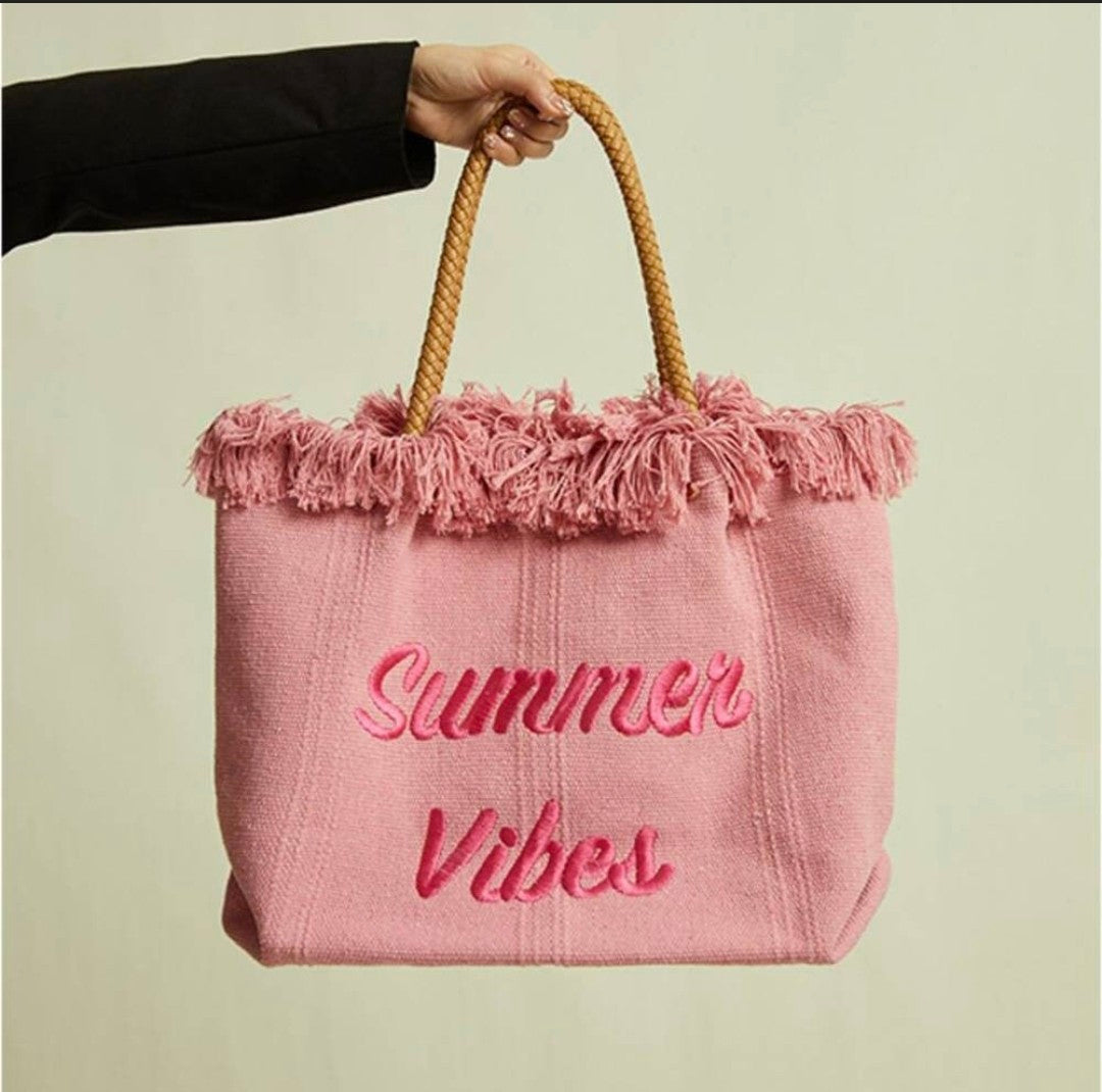 Sac à main d'été à pompon avec lettres brodées, sac décontracté sous les bras, mode simple, fourre-tout de voyage en toile, grande capacité