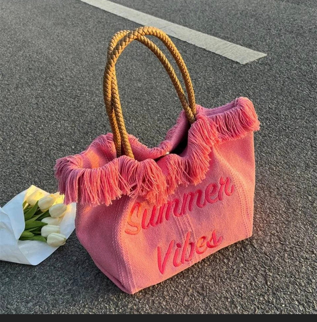 Sac à main d'été à pompon avec lettres brodées, sac décontracté sous les bras, mode simple, fourre-tout de voyage en toile, grande capacité