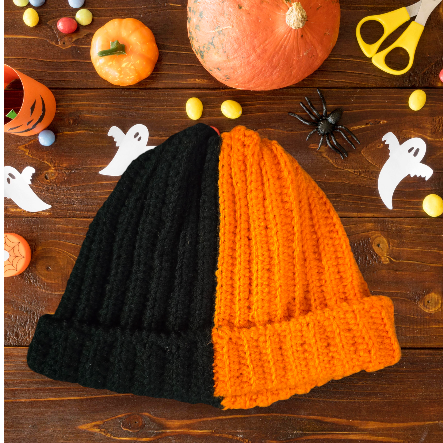 Orange and black Crochet Ribbed Beanie, Unisex Mulit-Color Ribbed Beanie