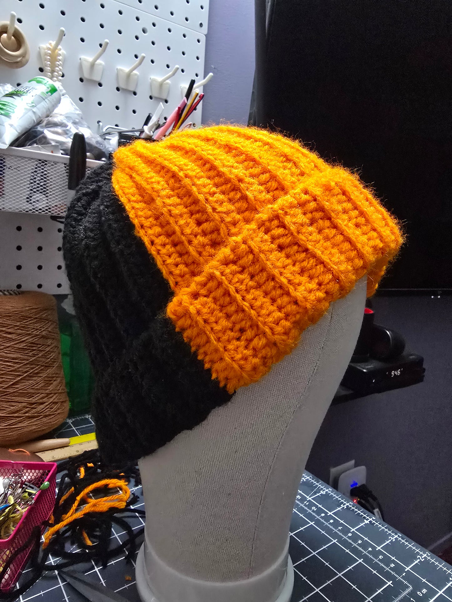 Orange and black Crochet Ribbed Beanie, Unisex Mulit-Color Ribbed Beanie