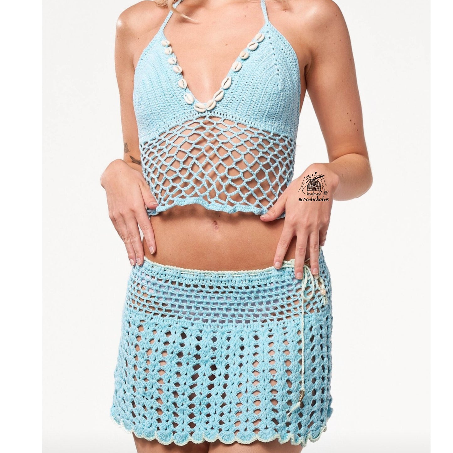 Lisa Hand crochet two pieces set mini skirt and backless top