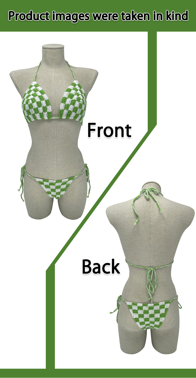 Bikini crocheté à carreaux jaune/orange, tenues de plage, ensembles bikini crochetés, tenues de villégiature, bikinis épaules dénudées, style bohème 