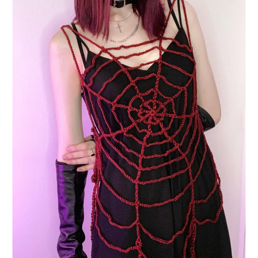 Débardeur gothique en toile d'araignée crocheté à la main pour femme, gilet long superposé à pompons, gilet rouge, costume d'Halloween