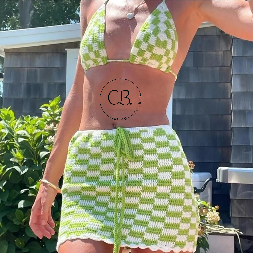 Two-piece sets Checkered Bikini Top and mini skirt Beachwear .summer o –  Cbabescloset