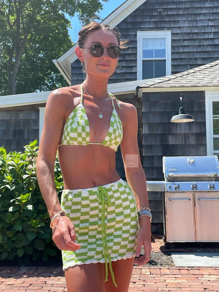Two-piece sets  Checkered Bikini Top and mini skirt Beachwear .summer outfits, crochet bikini sets . Two-piece sets/boho bikini